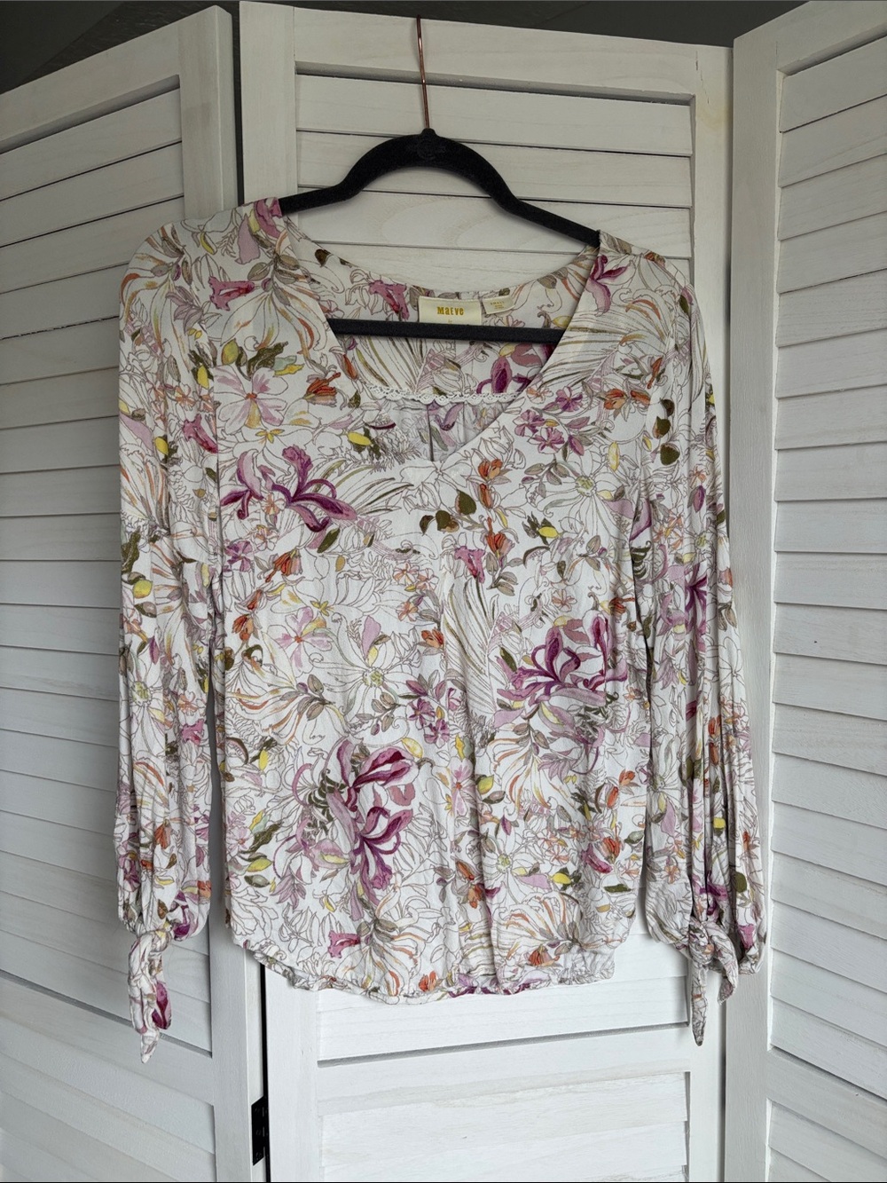 Maeve Ivory Floral V-Neck Long Sleeve Top with Pink & Green Accents